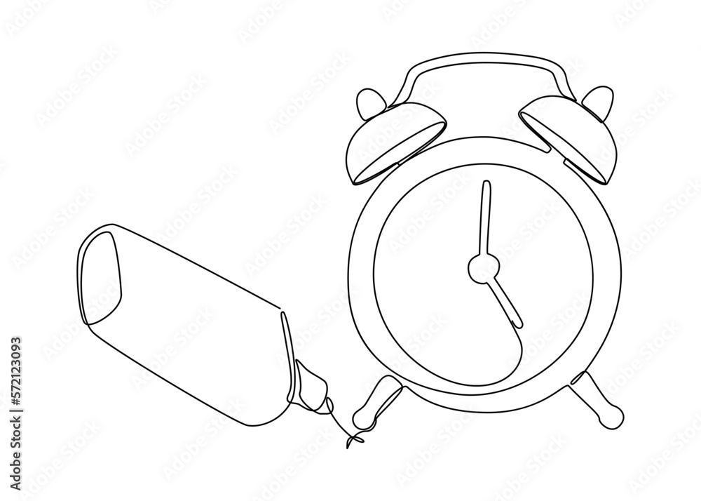 Aufkleber one continuous line of alarm clock drawn with a pencil, felt tip pen. thin line illustration vector 