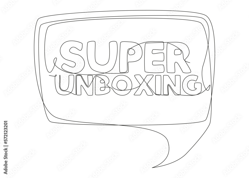 Poster one continuous line of speech bubble with super unboxing text. thin line illustration vector concept