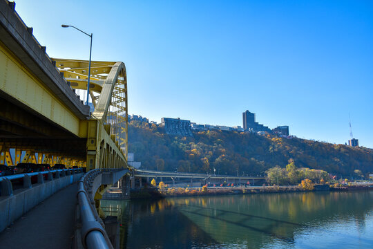 View of Fort Pitt Bridge from the pedestrian walkway on a sunny day, Pittsburgh, PA