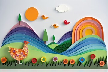 children landscape scene in paper craft, paper quilling style GENERATIVE AI