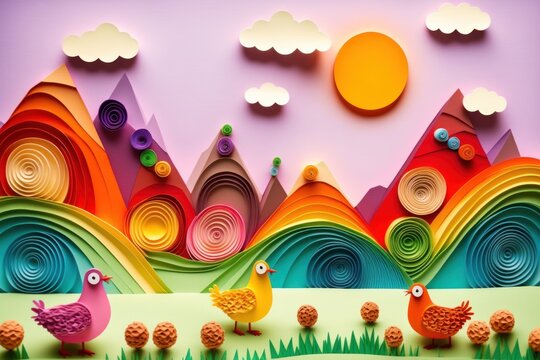 children landscape scene in paper craft, paper quilling style GENERATIVE AI
