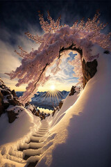 Plakat stairway leading to the top of a mountain covered in snow. generative ai.
