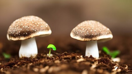mushrooms growing in soil with seedlings, made using generative ai