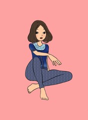 girl sitting, pink background 