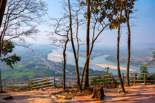 Beautiful landscape of view point mekong river Thai-Laos border at Wat Pha Tak Suea in Sangkhom district Nong Khai province, Thailand.