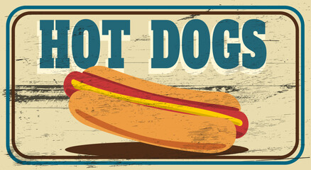 Retro hot dog wooden sign with texture