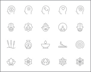 Simple Set of meditation Related Vector Line Icons. Vector collection of lotus, relaxation, wellness, zen, meditate, mind, asana and design elements symbols or logo element.