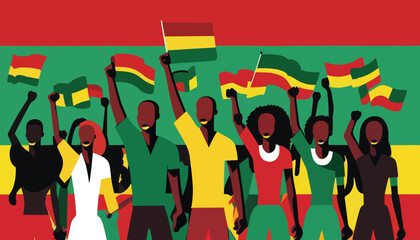 illustration of african american people group standing together, waving flag. black history month image banner.