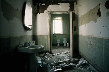 Dirty abandoned bathroom, creepy room, messy home, AI generated