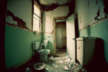 Dirty abandoned bathroom, creepy room, messy home, AI generated