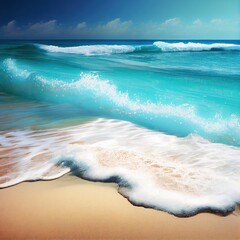 Beautiful sandy beach and soft blue ocean wave. Sea background. generative ai