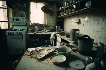 Dirty abandoned kitchen, creepy room, messy home, AI generated