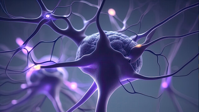 Conceptual Illustration Of Neuron Cells With Glowing Link Knots. Blue Green Neurons In Brain On With Focus Effect. Synapse And Neuron Cells Sending Electrical Chemical Signals.