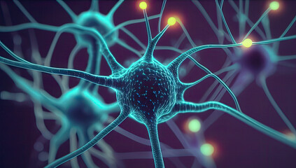 Conceptual illustration of neuron cells with glowing link knots. Blue green Neurons in brain on with focus effect. Synapse and Neuron cells sending electrical chemical signals.