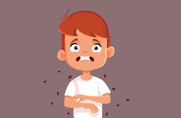 Child Complains of Itching Caused by Fleas Vector Illustration. Unhappy little boy infested with parasites from a pet animal
