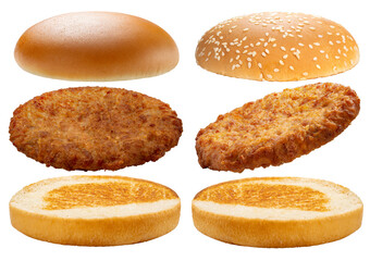 Pork Burger falling in the air isolated on white background, Hamburger ingredients on white PNG file.