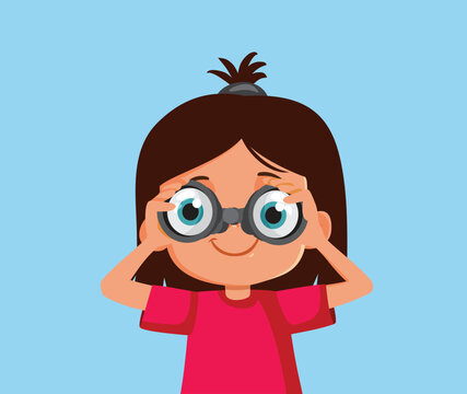 Funny Little Girl Exploring Using a Binocular Vector Cartoon. Curious student looking from a distance observing and analyzing 
