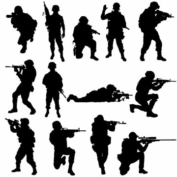 
set of silhouettes of soldiers,arms troops,military,logo,icons