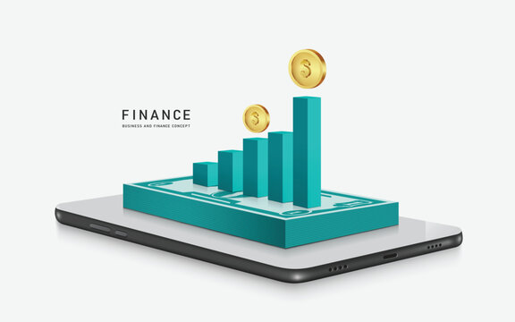 Green Bar Graph Chart Steps From Low To High Show Results Of Progress And There Is Dollar Coin At  Top And All Place On Dollar Banknote And Smartphone