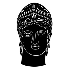 Head of ancient Greek god Ares or Mars. Handsome young antique man wearing helmet. Black and white negative silhouette.