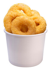 Fried shrimp donut in paper bucket isolated on white background, Fried shrimp donut on white PNG File.