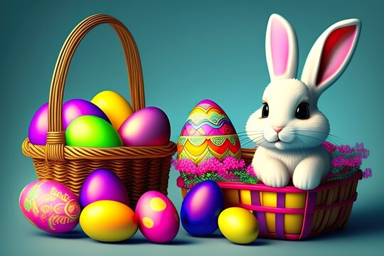 Easter Bunny and Eggs. Created with Generative AI, Artificial Intelligence