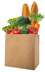 Freshly vegetables and Delicious baguette bread in paper bag isolated on white background, Chinese Cabbage Tomato Carrot baguette bread on white PNG File.