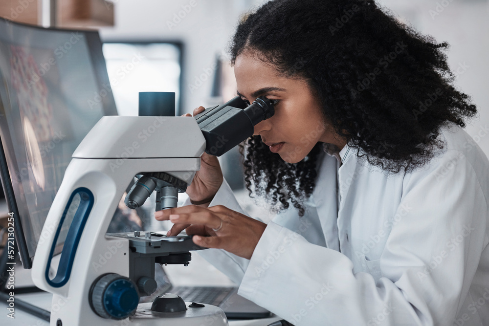 Poster science, microscope and slide with a doctor black woman at work in a lab for innovation or research.
