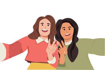 Best friends taking a selfie and laughing. BFF Friendship and youth concept. Vector illustration.