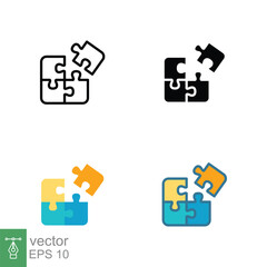 Puzzle jigsaw icon in different style. Line, solid, flat, filled outline. Join teamwork, challenge, combination, problem solving, solution. Vector illustration isolated on white background. EPS 10.