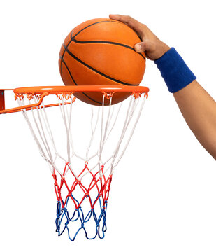Basketball player dunking a Basketball ball in the hoop isolated on white background,PNG File.