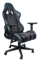 Black and blue leather gaming chair isolated on white background, Office chair with black and blue...