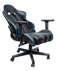 Black and blue leather gaming chair isolated on white background, Office chair with black and blue...