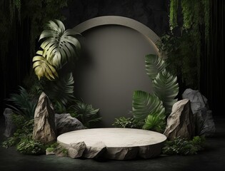 stones podium in tropical forest for product presentation. Generative AI