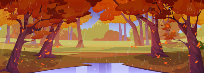 Rain in autumn forest, park nature landscape. Cartoon fall wood background with puddle, yellow grass under orange trees with falling leaves and water shower falling from sky Vector illustration