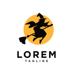 Silhouette of a witch flying on a broomstick logo design halloween