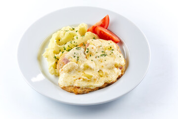 mashed potato with cutlet and salad
