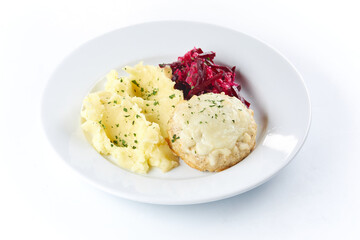 mashed potato with cutlet and salad