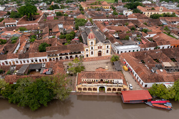 Aerial view of the main square of the town of Santa Cruz de Mompox and the port building on the banks of the Magdalena river. Bolivar Department .Colombia