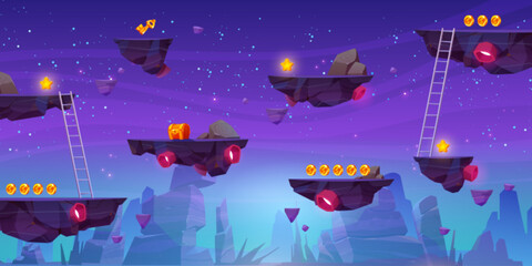 Vector game space background landscape. Cartoon planet in galaxy for arcade videogame. 2d ui level map with floating island with gold goin in fantasy universe. Online world asset design illustration. © klyaksun