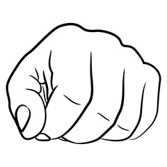 Front view of a human hand hold in fist. Black and white linear silhouette. Cartoon style.