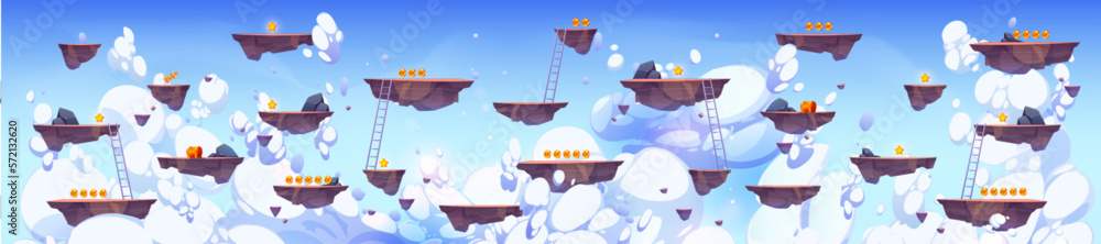 Poster flying rock islands vector game background sky landscape. 2d ui level map with floating platform, go