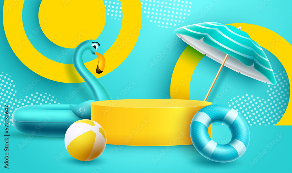 Poster summer podium vector design. summer product mock up display with beach elements in background. vecto