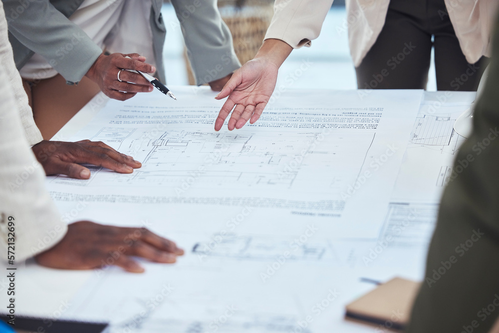Poster architecture, engineering team and hands with blueprint for planning, building strategy and meeting.