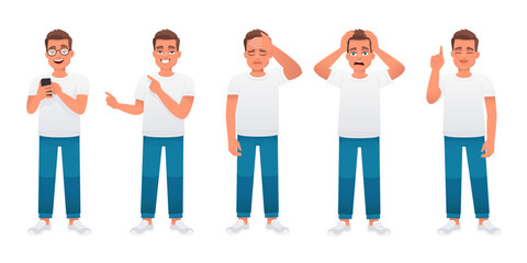 Fototapeta premium Man in full growth character set. The guy is wearing glasses and looks at the phone, points to something, in despair and sadness, in horror. A young caucasian male in a white t-shirt and blue jeans