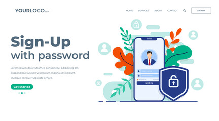 Online registration or sign up user interface screen on smartphone. Secure login, password protection concept for landing page, UI, mobile app