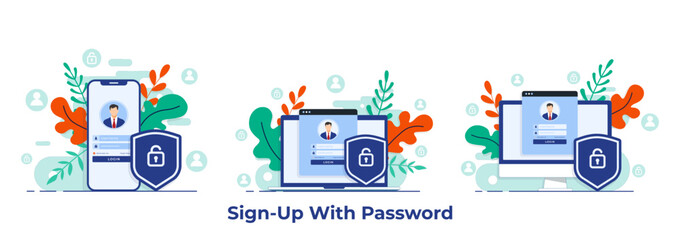 Online registration or sign up user interface screen on laptop, desktop computer, smartphone. Secure login, password protection concept for landing page, UI, mobile app
