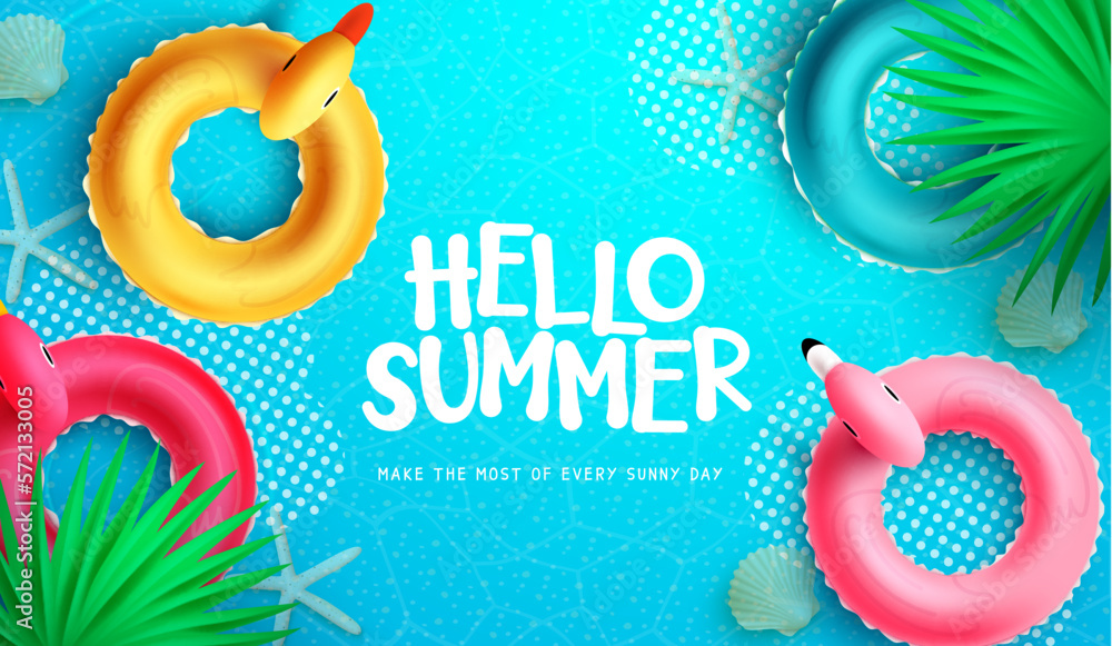 Poster hello summer vector design. hello summer greeting text with inflatable duck, flamingo and bird float