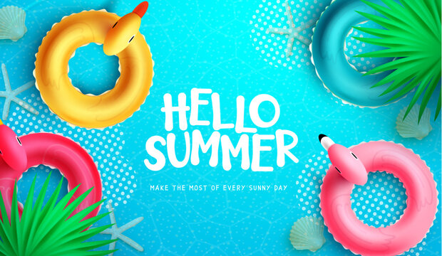 Hello summer vector design. Hello summer greeting text with inflatable duck, flamingo and bird floaters element. Vector illustration summer background.
