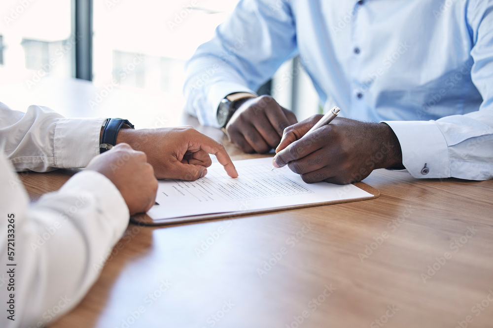 Aufkleber hand, signature and contract with a business man in a meeting with human resources for performance r